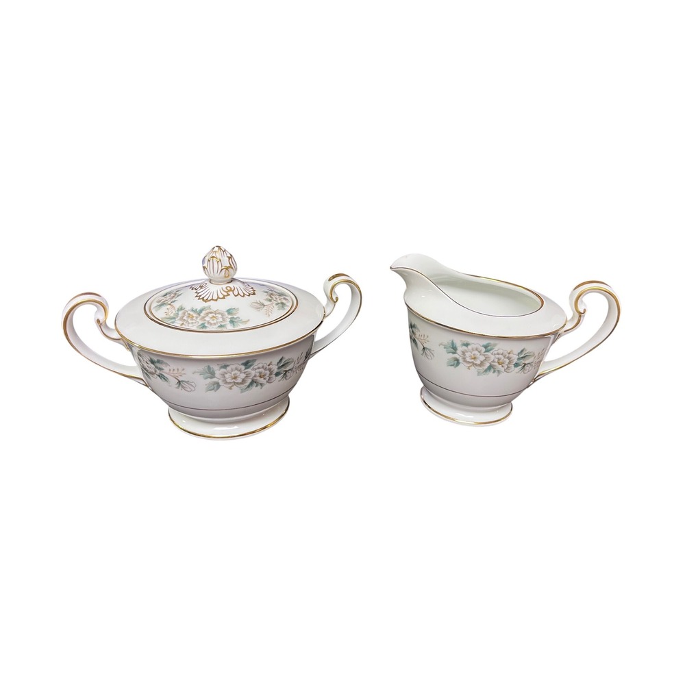 Noritake‎ Laurette Sugar Bowl with Lid and Creamer Pitcher Set Floral Gold Trim